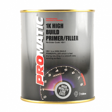 Load image into Gallery viewer, PROMATIC-1K HIGH BUILD PRIMER (GREY) 1LT Products Characteristics Very fast drying Smooth non-porous finish Good adhesion onto bare metal Can be over coated with any topcoat (Water based or solvent based) Excellent coverage and filling properties Easy to sand, both wet and dry (from 400 grit)