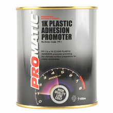 Load image into Gallery viewer, PROMATIC-PLASTIC ADHESION PROMOTER 1LT Products Characteristics Excellent adhesion to most plastics (PP, PP/EPDM, ABS, SAN, PC, PA, PUR-RIM, R- TPU, PPO, PBT, PUR flexible foam, UP-GF plastics) Transparent and flexible Very fast drying Can be over coated with any primer or topcoat Surface